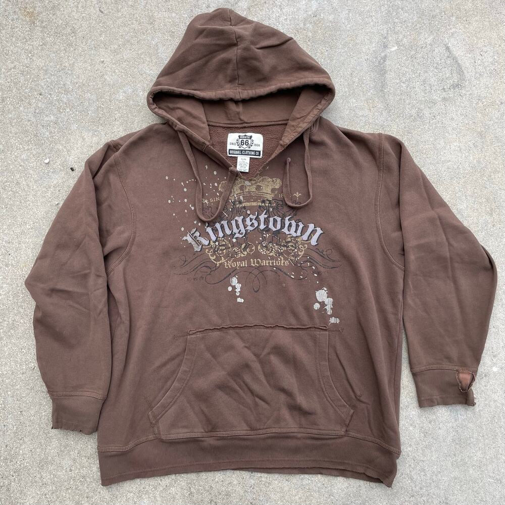 Vintage Route 66 Kingstown Mens XL Pullover Hoodie Faded Brown Y2K Gothic Grunge